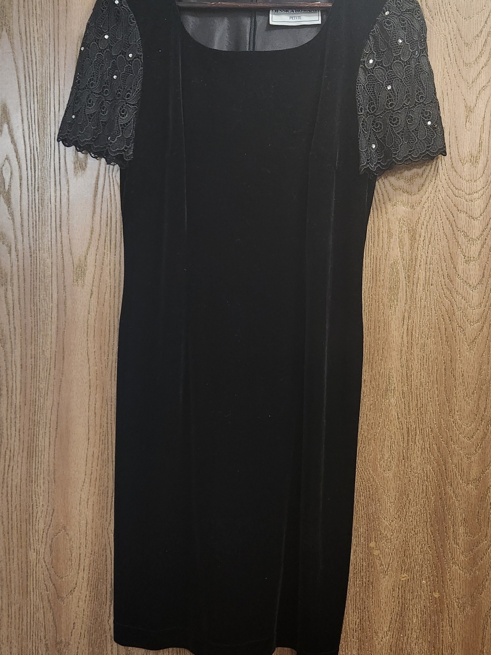 Jessica Howard Black Velvet Midi Dress with Lace Beaded Sleeves